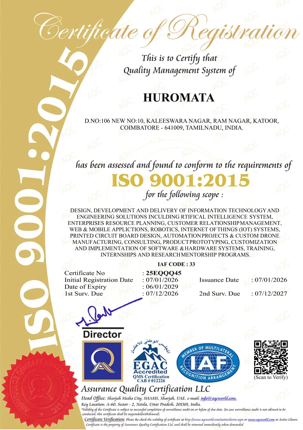 Huromata ISO 9001:2015 certificate